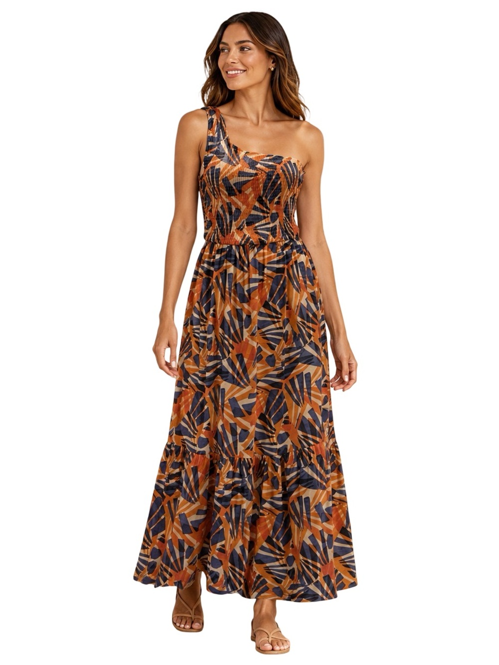 Nine West One-Shoulder Smocked Tropical Maxi Dress Orange Navy Size Small